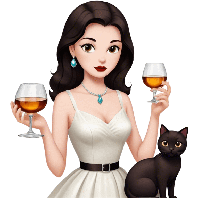 Beautiful woman in 1950’s woman fashion look, white dress, long dark brown hair, whisky with ice, black cat emoji