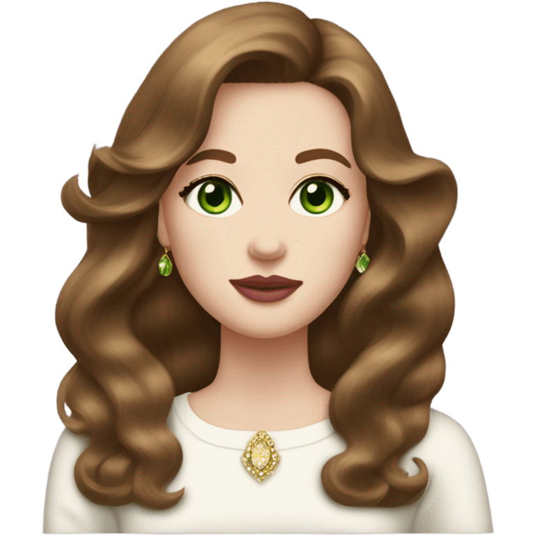 woman, with chestnut brown hair, her hair are a 90s voluminous blowout with curtain bangs, she has very green eyes and a white pale skin, she has pink lipstick on and long lashes, she wears a white to and  gold earrings  emoji