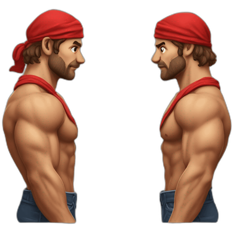 muscular man in red bandana turning facing away from the viewer turning his head back to face the viewer,torso emoji