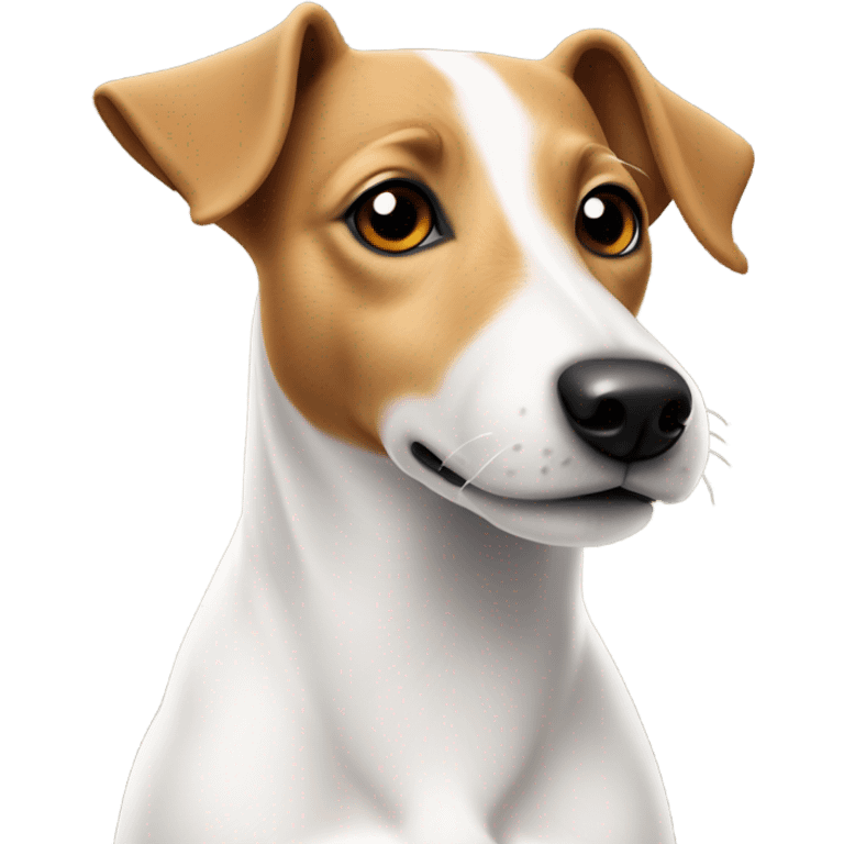 All white jack Russel dog with a tan right ear and a spot on top of head emoji