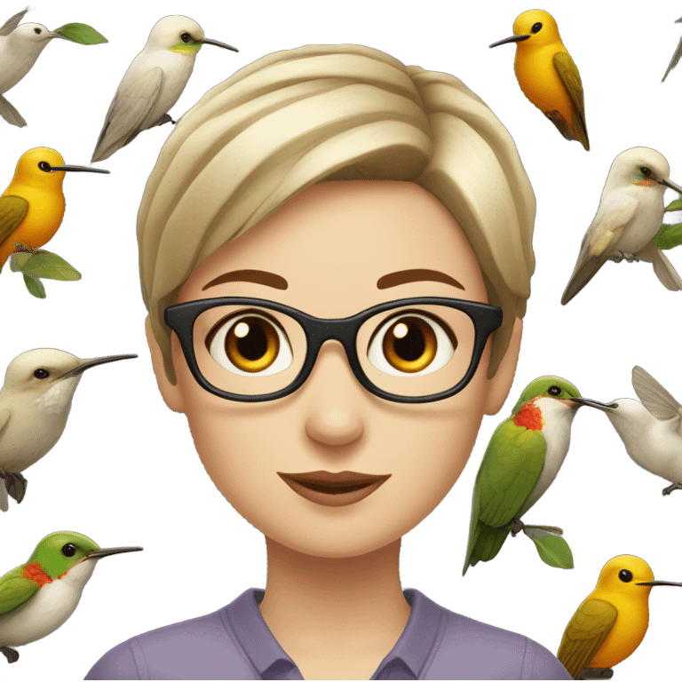 White girl  , brunette, with short hair, wearing glasses with a hummingbird next to her emoji