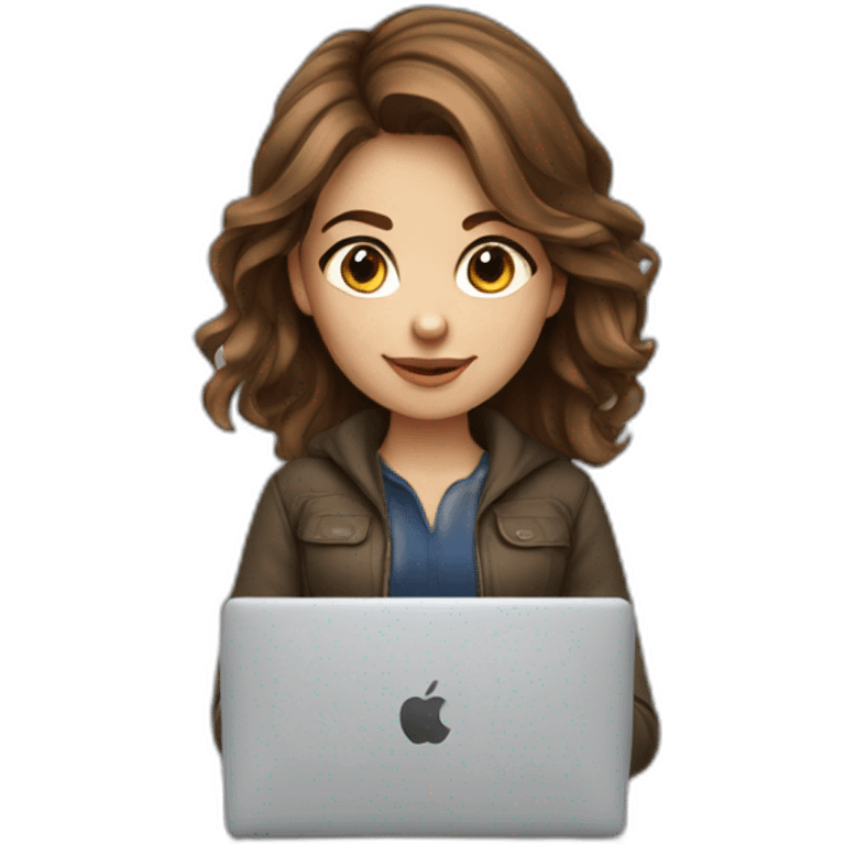 Beautiful programmer girl with brown hair working with MacBook emoji