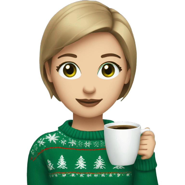 Light brown short haired girl with green eyes drinking coffee wearing blue Christmas sweater emoji