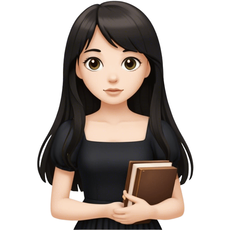 Beautiful white girl, with dark very long hair with bang, wearing black dress, holding books emoji