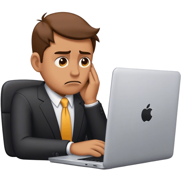 Minimalist emoji of a sad businessman at a laptop, looking exhausted and frustrated. emoji