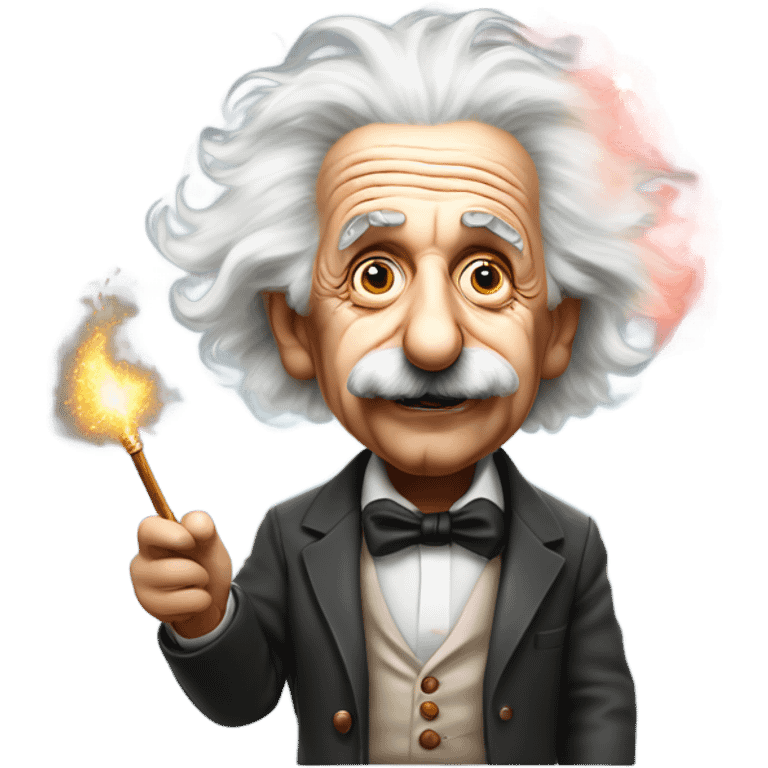 Albert Einstein holds a magic wand in his hand that’s emitting smoke. His eyes are red emoji