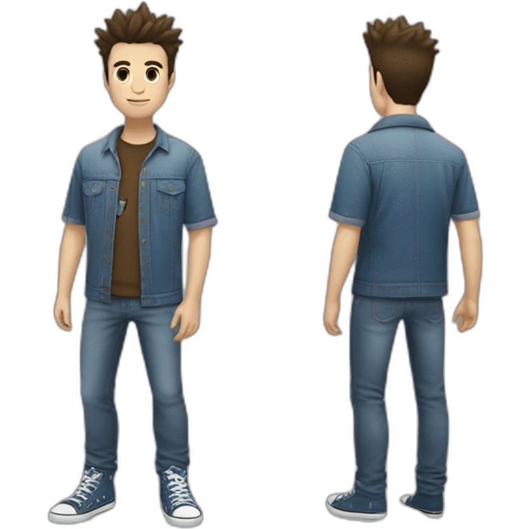 white male adult, Dark Brown Spikey Hair, Pokemon T-Shirt, Blue Jeans, Converse shoes emoji