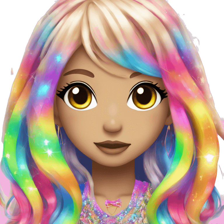 hime gyaru girl, rainbow shimmer hair, neon, colorful, bright, sparkle emoji