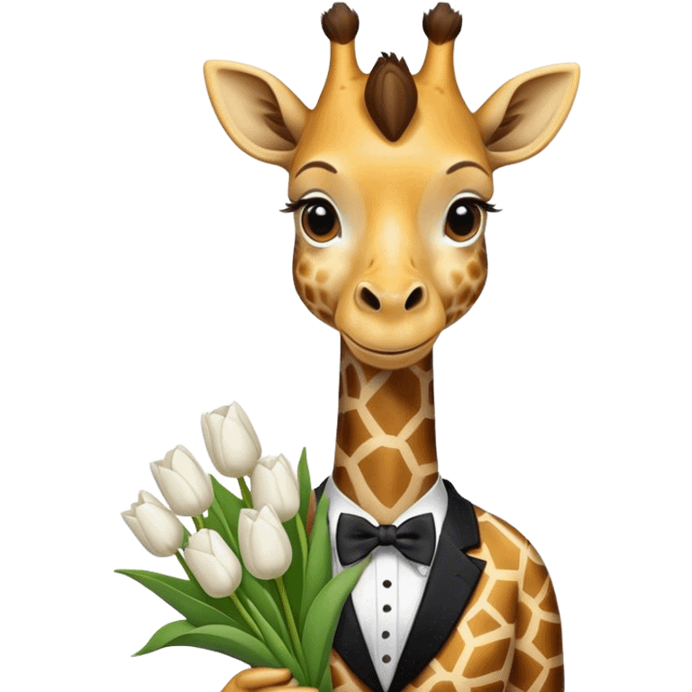 Giraffe with a bow tie with a bouquet of white tulips  emoji