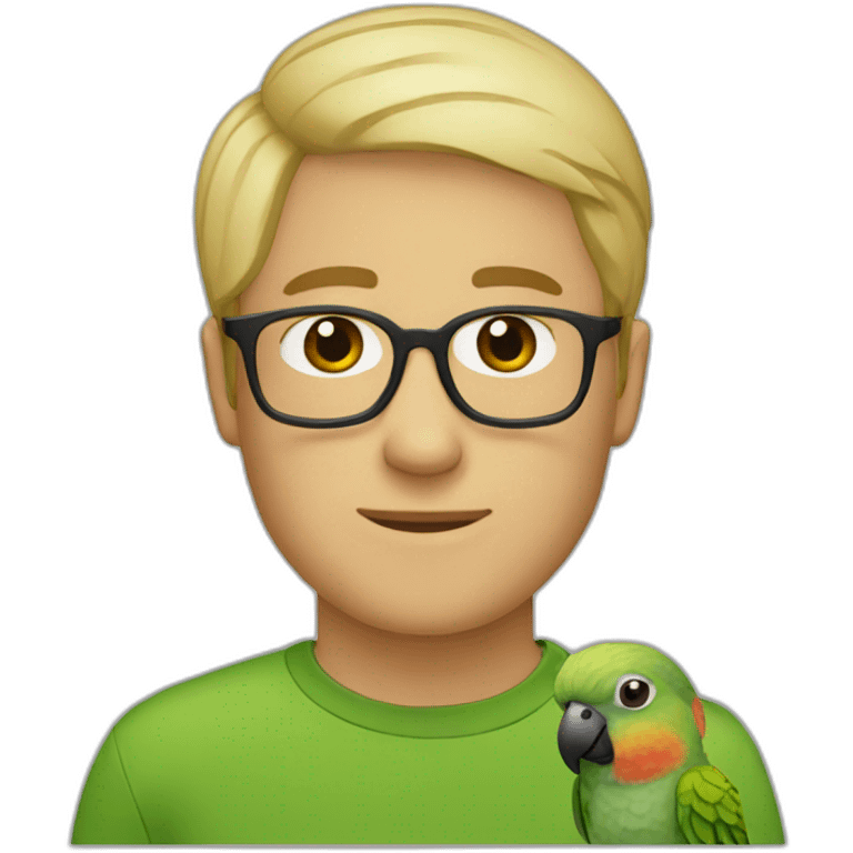 short-haired blonde man with glasses and a green cheeked conure on his shoulder emoji