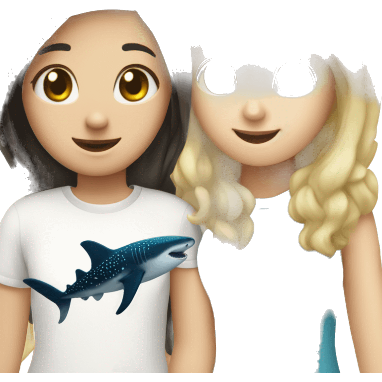 Blonde girl and brunette girl petting a whale shark  emoji