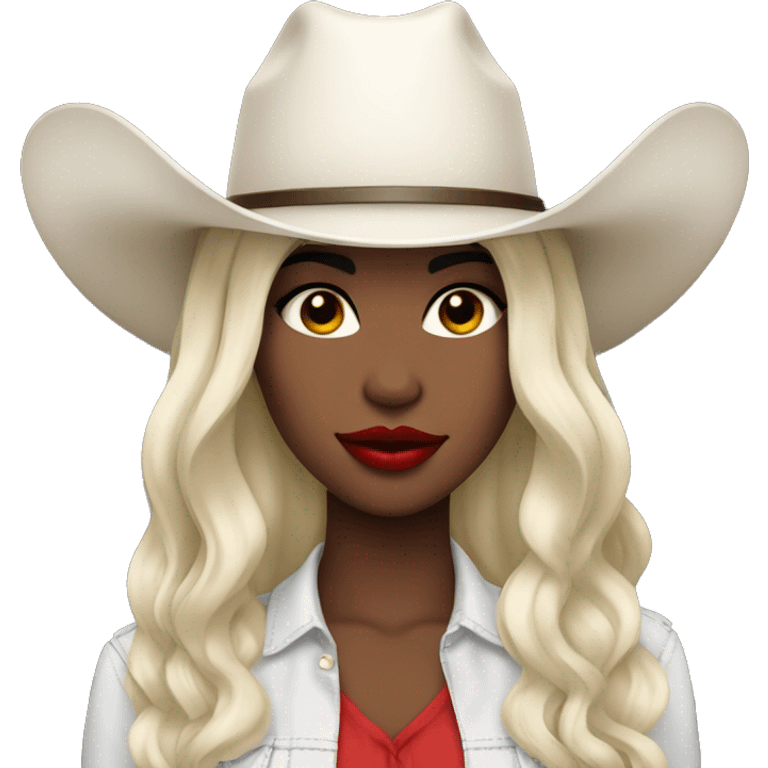 Women with big red lips, hazel eyes, white skin, black straight hair, cowboy hat  emoji