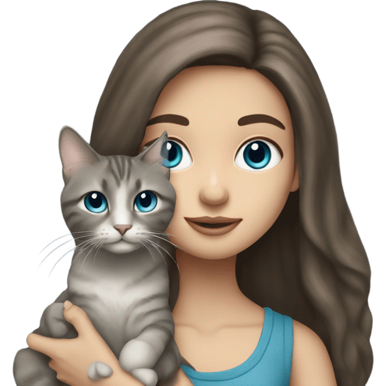 long haired brunette blue eyed girl holding a grey tabby cat emoji