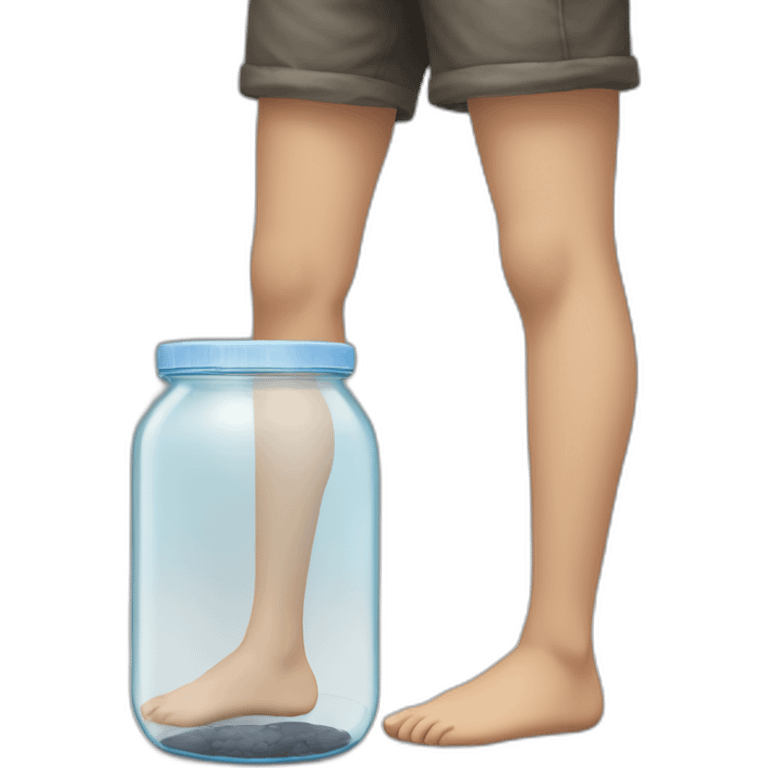 human legs standing on the floor with an ((empty transparent jar)) between them,outside,to the left and to the right,front view emoji