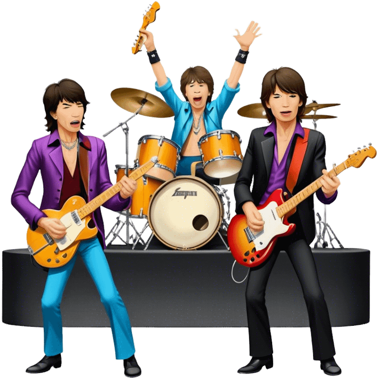 Icon for Rock Music: The Rolling Stones live on stage with Mick Jagger performing vocals, Keith Richards playing guitar, and Charlie Watts on drums. Iconic stage lights, electric guitars, and energetic crowd. Transparent background. emoji