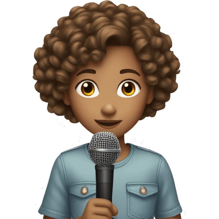 10 year old girl, brown curly hair, microphone,  emoji