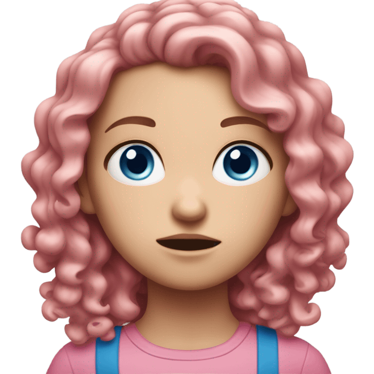 White girl with blue eyes and pink curly hair looking annoyed emoji