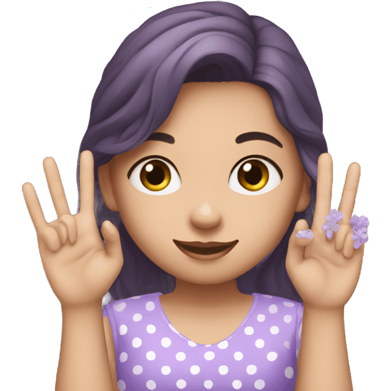 A girl with lavender kurti white spots showing three fingers in one hand emoji