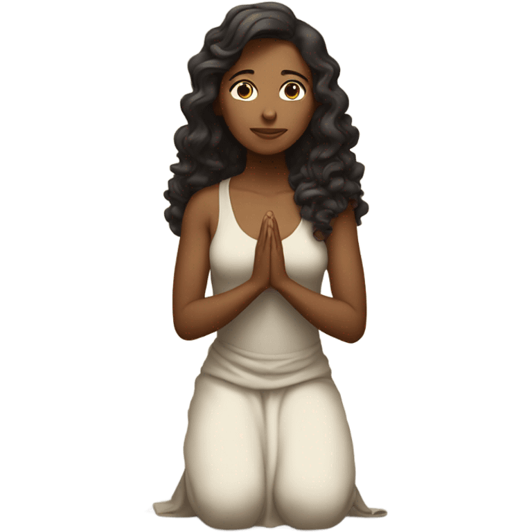 A woman kneeling praying, in a long dress, mid length curly dark brown hair emoji