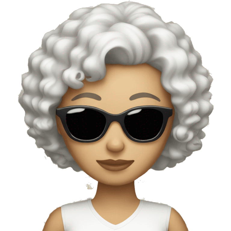 white woman with a slight tan, curly hair and sunglasses holding a cat emoji