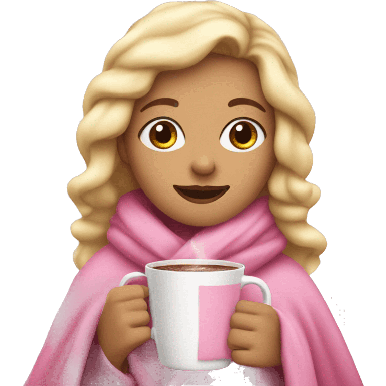 blonde girl wrapped up in pink blanket hot chocolate in hands emoji