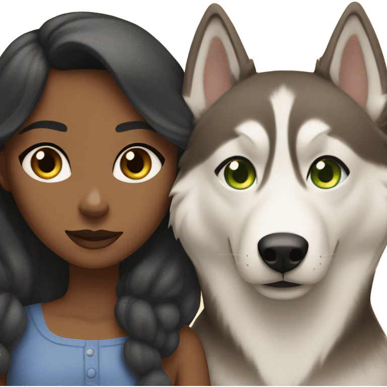 Brown girl with blue eyes next to a female Husky beige golden with green eyes emoji