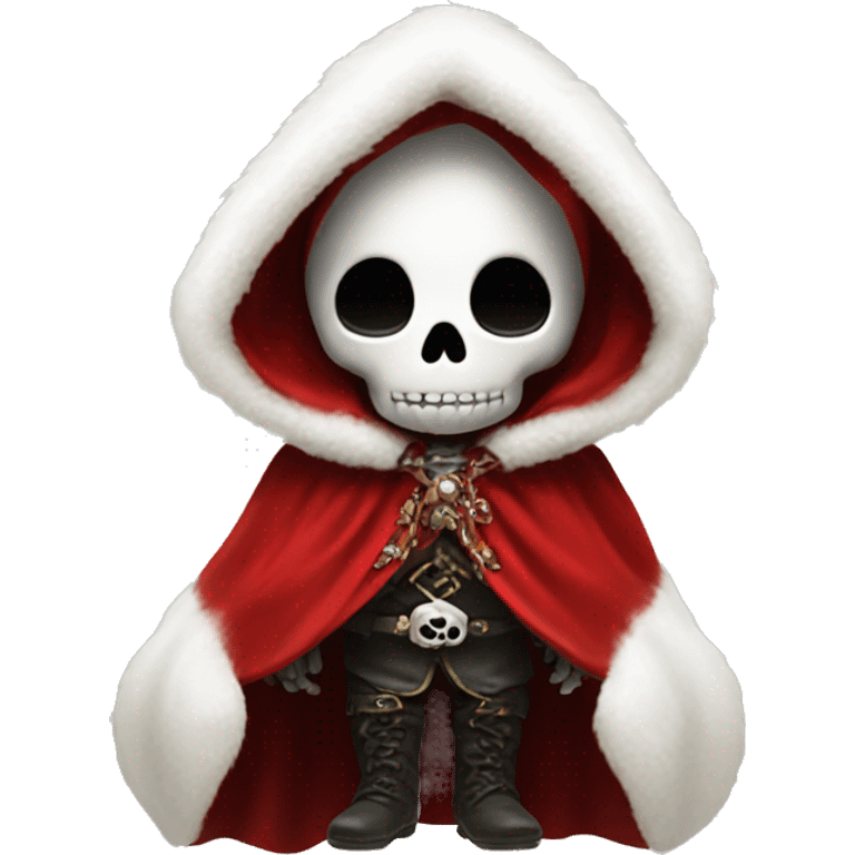 Cute, happy little skull wearing a red velvet hooded cloak with white fur trim. emoji