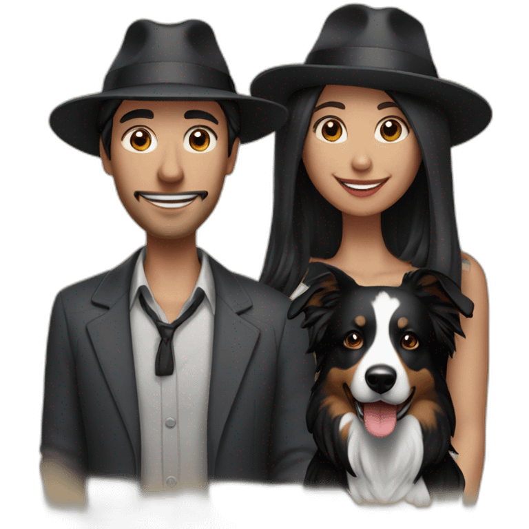 group of 3 consisting of man in hat and woman with black ponytail long hair and small black border collie dog emoji