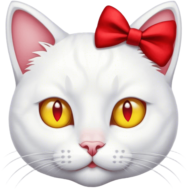 white cat, yellow nose, red bow on right ear emoji