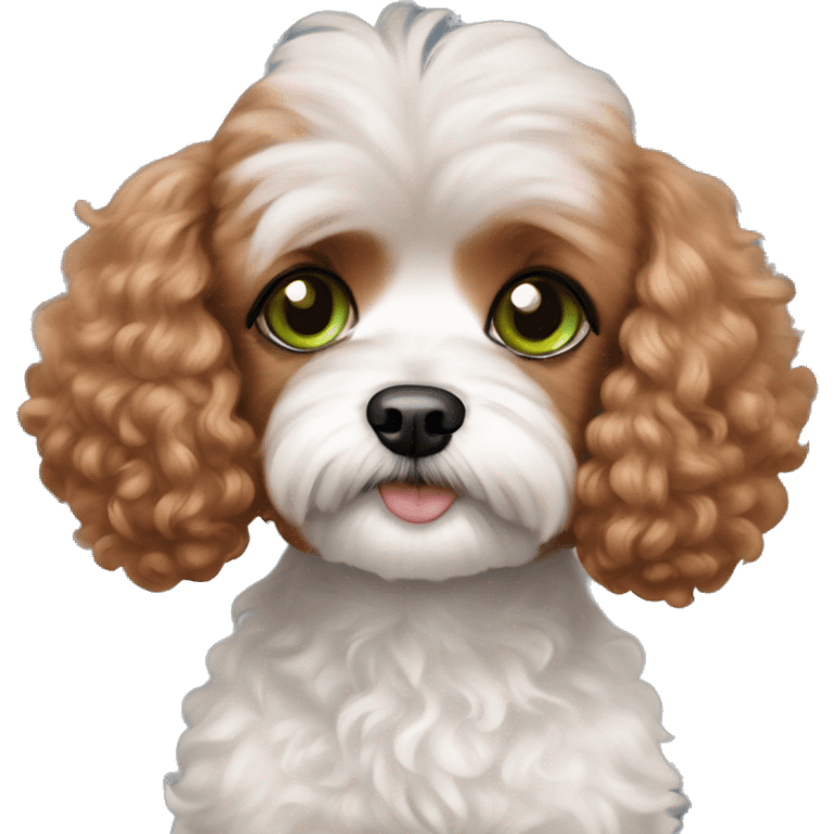 red haired girl with green eyes with her two black land white Maltipoo dog emoji