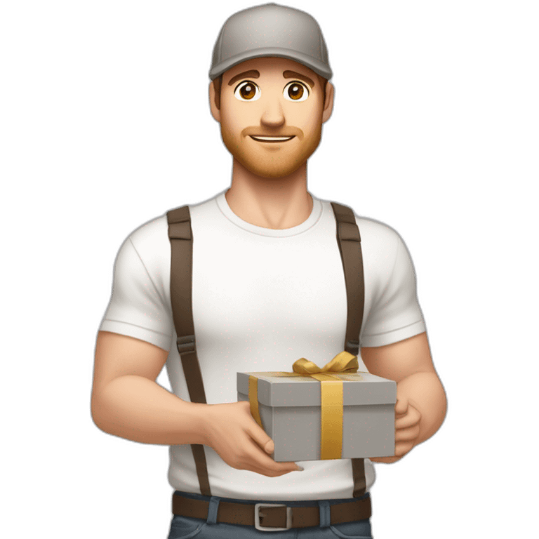 Pale skinned fit Man with dark brown hair in a light gray cap, dark brown jeans, brown polo and white T-shirt keeping a pasted with tape white box into his hands emoji