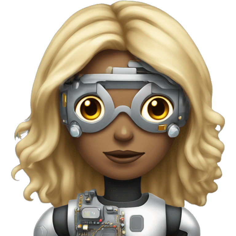 Brown long hair with blonde steaks female cyborg head, fair skin, space age goggles and circuits emoji