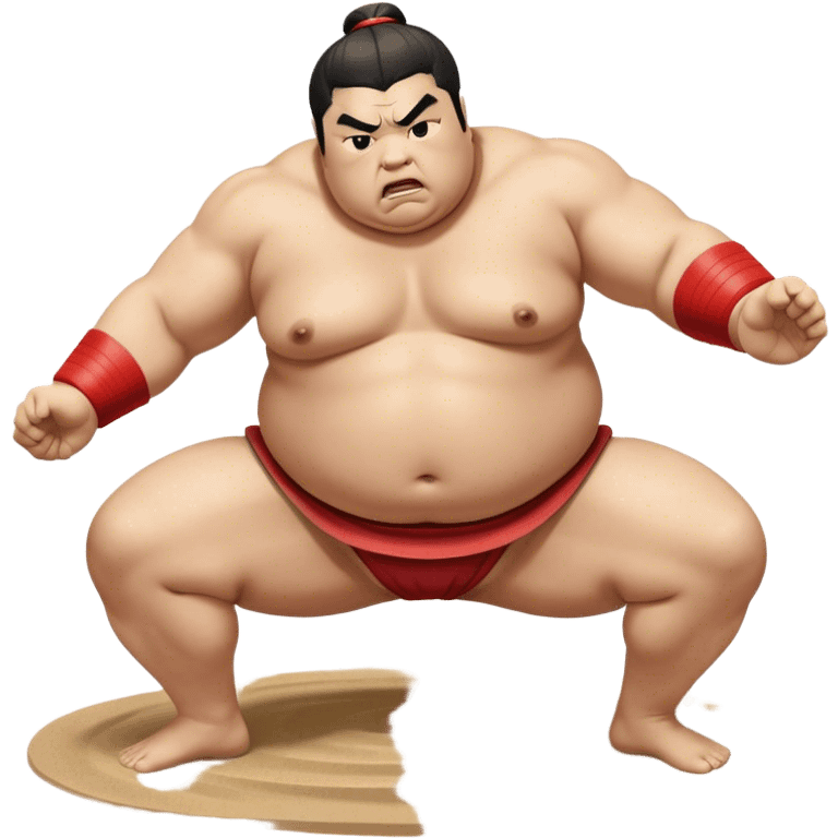 Sumo Wrestling – Cinematic Realistic Sumo Wrestling Scene, featuring a powerful sumo wrestler in traditional mawashi engaged in an intense bout on a sandy dohyo, muscles tensed and sweat glistening under dramatic arena lighting, capturing the raw energy and tradition of the sport. emoji