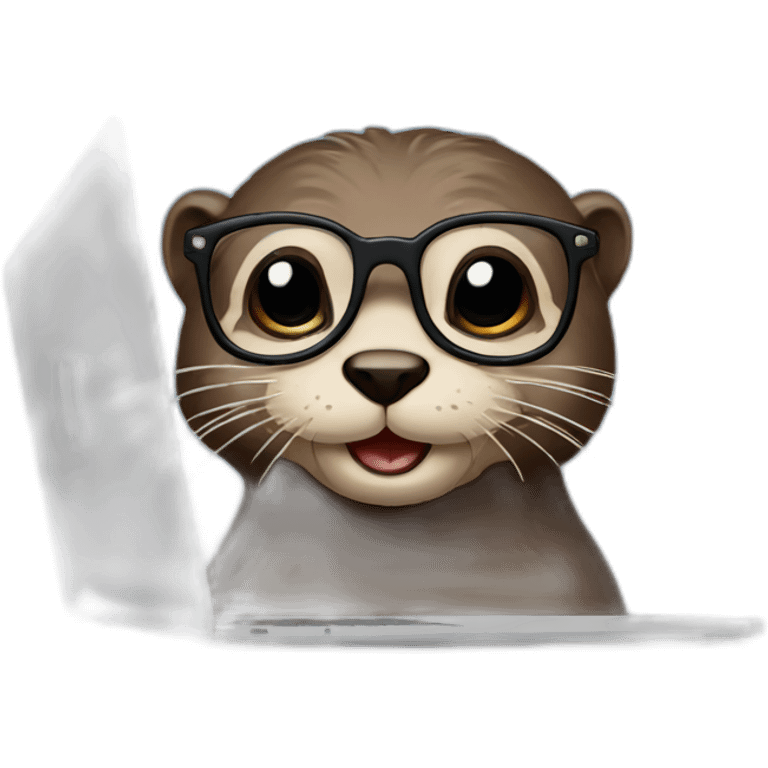 otter wearing eyeglasses against a pillow using a macbook emoji