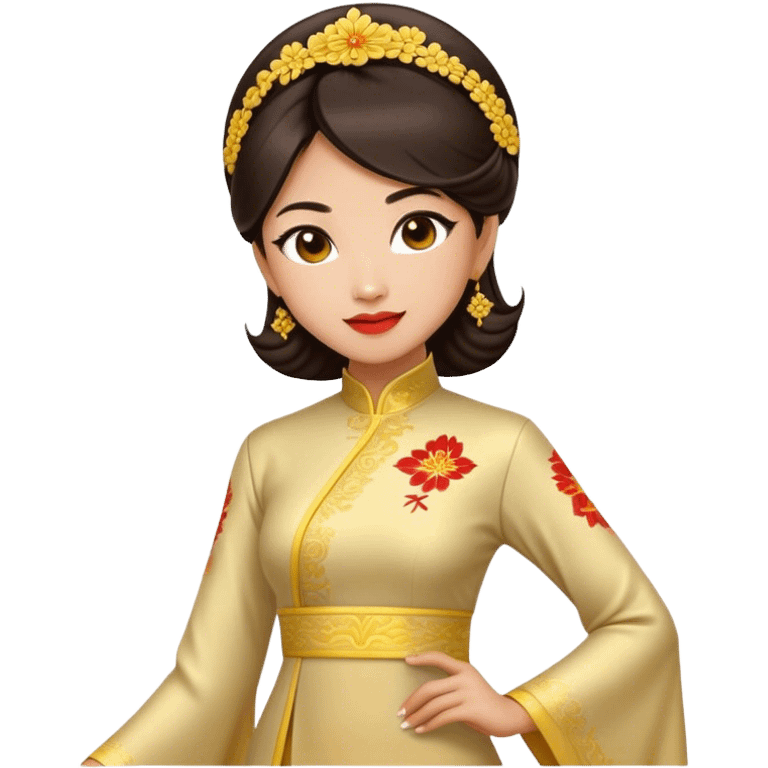 Cinematic Realistic Ao Dai Pop Culture Emoji, featuring an elegant portrayal of the traditional Vietnamese dress rendered with graceful textures and vibrant, cultural lighting. emoji