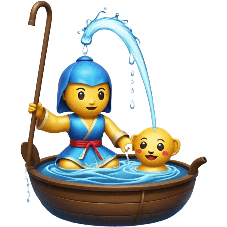 Cinematic Realistic Water Puppetry Pop Culture Emoji, depicted as a whimsical scene of traditional water puppetry rendered with dynamic textures and playful lighting. emoji