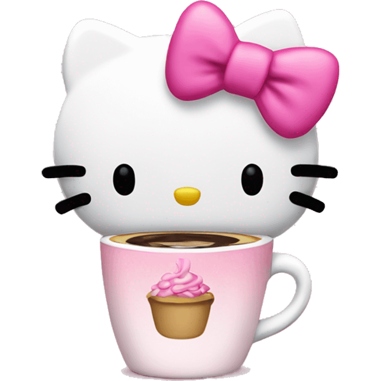 Hello kitty with a pink bow at a all all pink and white coffee shop emoji