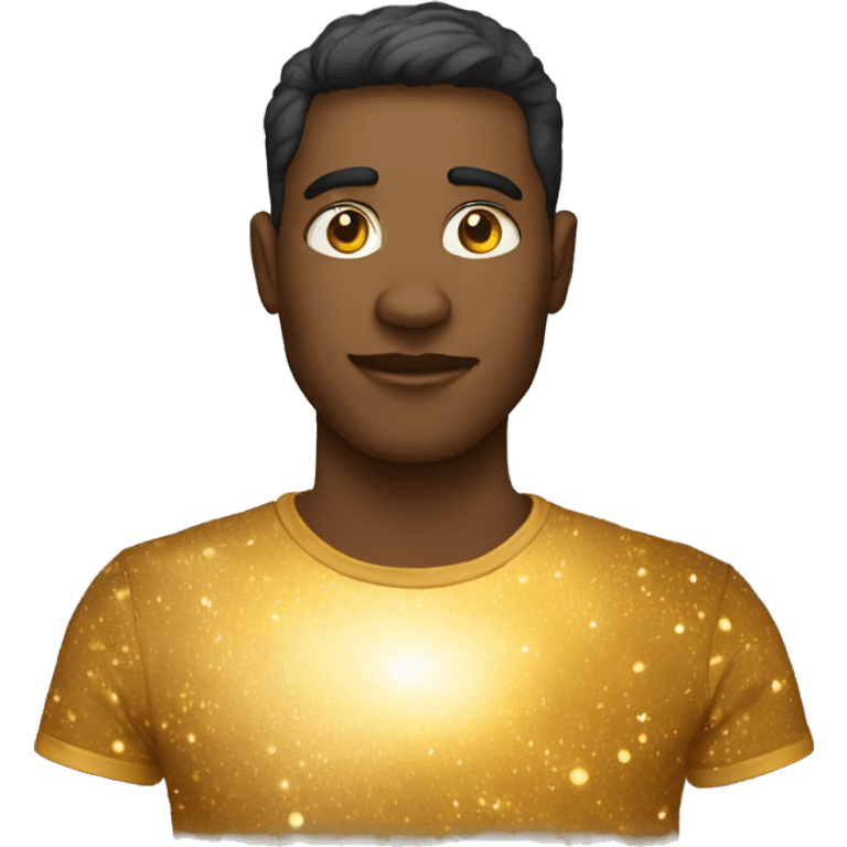 Person wearing t shirt filled with golden galaxies emoji