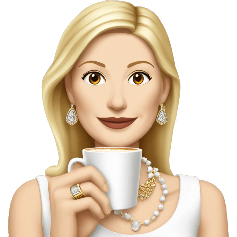 Kelly Rutherford with jewellery wearing white drinking cappucino emoji