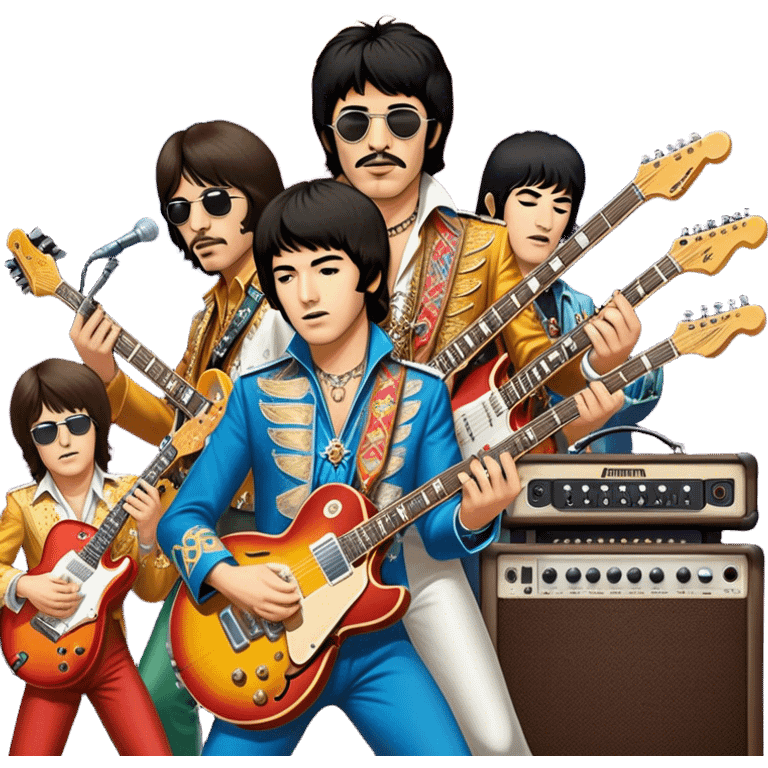 Rock music icon: dynamic collage of global rock legends like The Beatles, Jimi Hendrix, Elvis Presley, Led Zeppelin, Queen, and Nirvana, surrounded by guitars, amplifiers, and stage lights. Symbolizing the energy and power of rock music. Transparent background. emoji