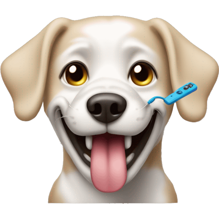 A dog with a remote control in his teeth  emoji