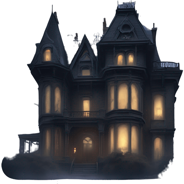 Fantastic close-up view, A very roomy ramshackle gothic Victorian Addams’s mansion looms through light fog at midnight  emoji