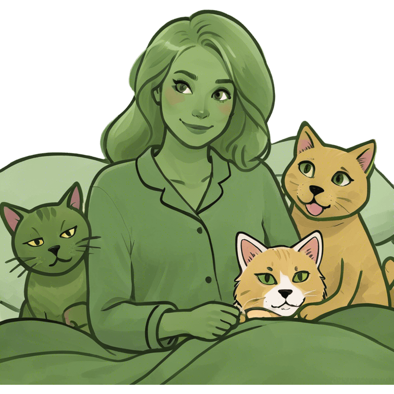 Blonde woman in bed with two cats and a golden retriever emoji