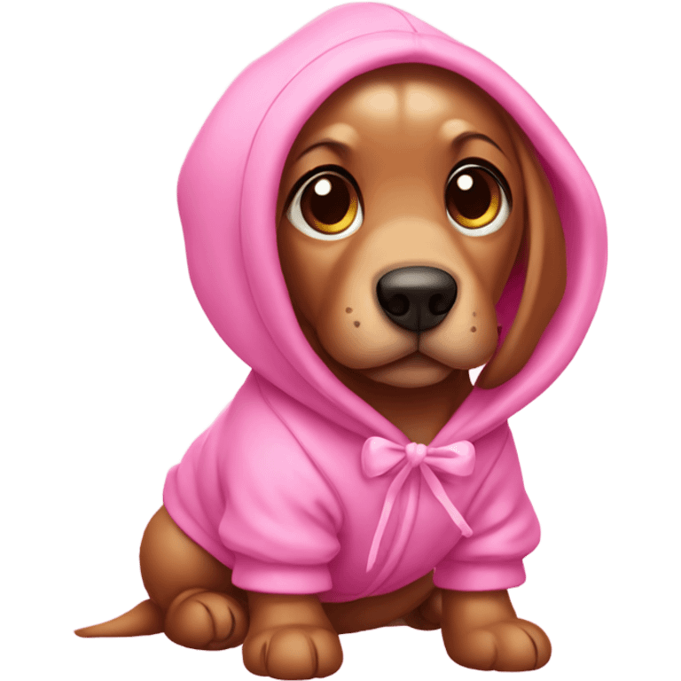 Sausage puppy wearing a pink hoodie and with pink bows on his ears emoji