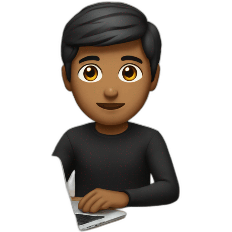     memoji of a man with a laptop in front, apple-style,modern,dark hair,black sweater,computer in hand, srilankan brown skin, sitting on his desk, eyes brown emoji