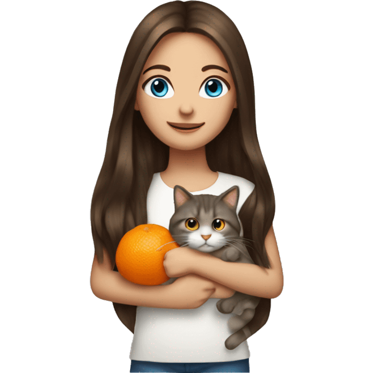 long hair brunette girl with blue eyes holding orange cat emoji