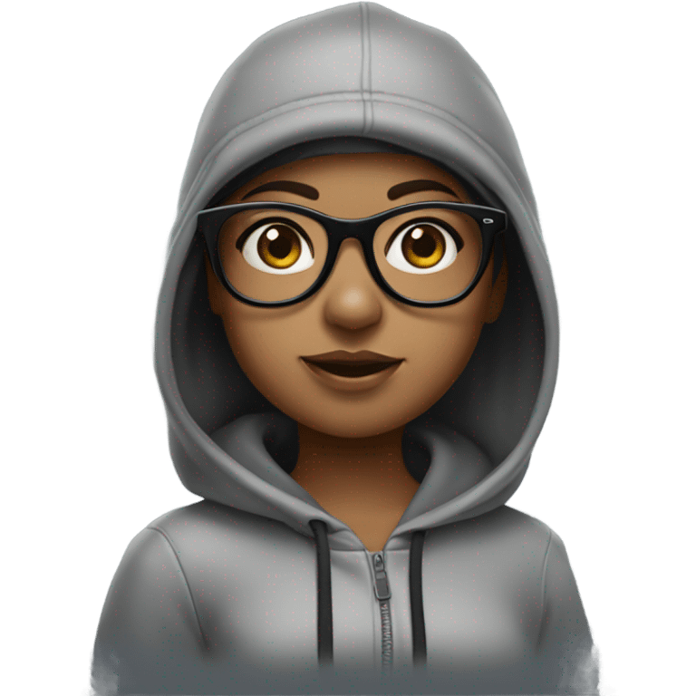 a girl with big eyes and black glasses with a Oakley hat in a grey hoodie  emoji