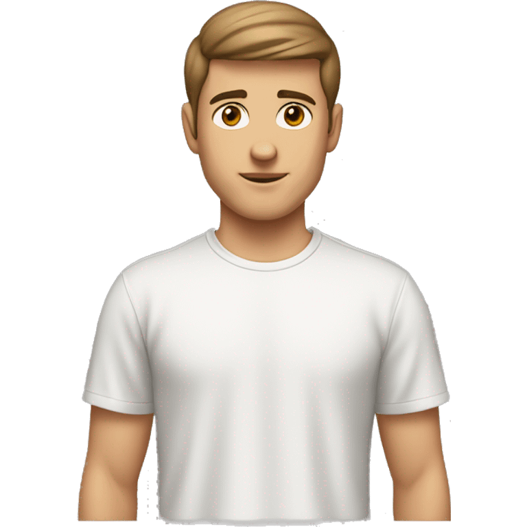 A 23 year old, white man, with short brown hair,   with brown eyes wearing a t-shirt. emoji