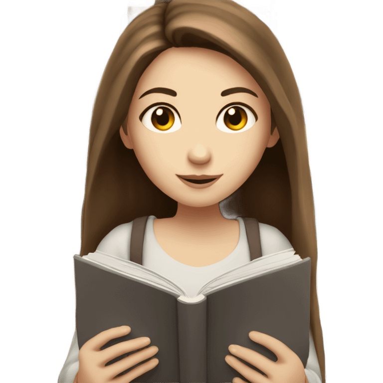 White girl with long brown hair and grey eyes reading a book emoji