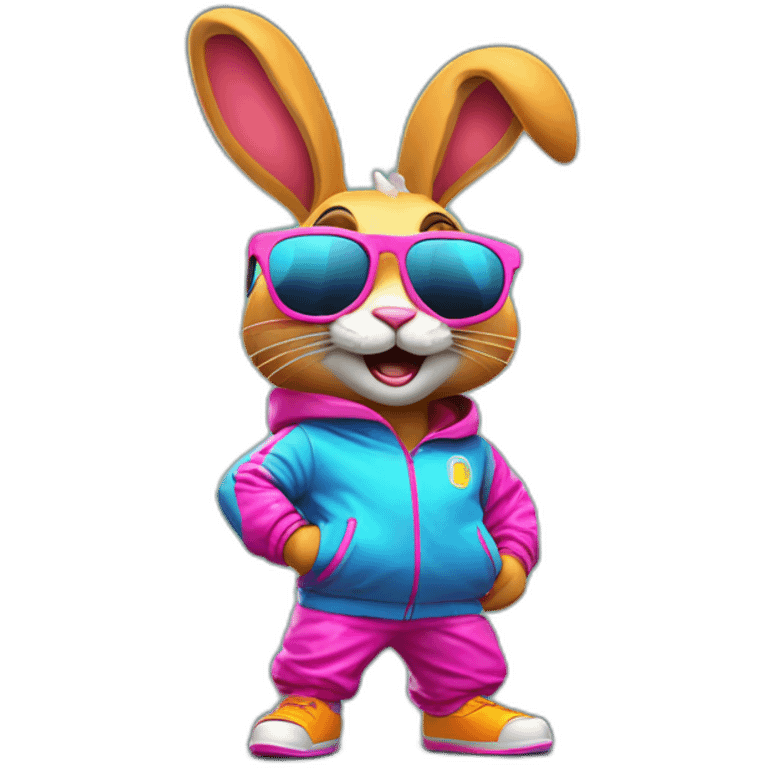 crazy rabbit in retro neon track suit and sunglasses, full body emoji